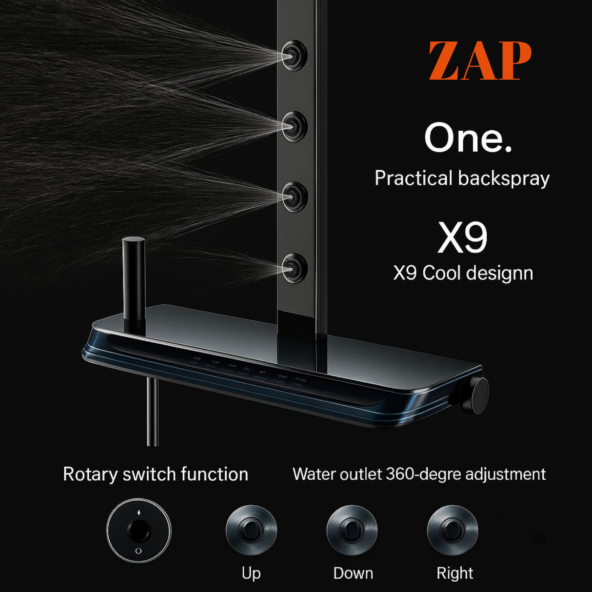 ZAP Zap X9 Shower Panel System | LED Temperature Display | Top Shower, Hand Shower, Body Jets & Bucket Filler | Multi-Function Wall-Mount Shower Unit | Gunmetal PVD Finish