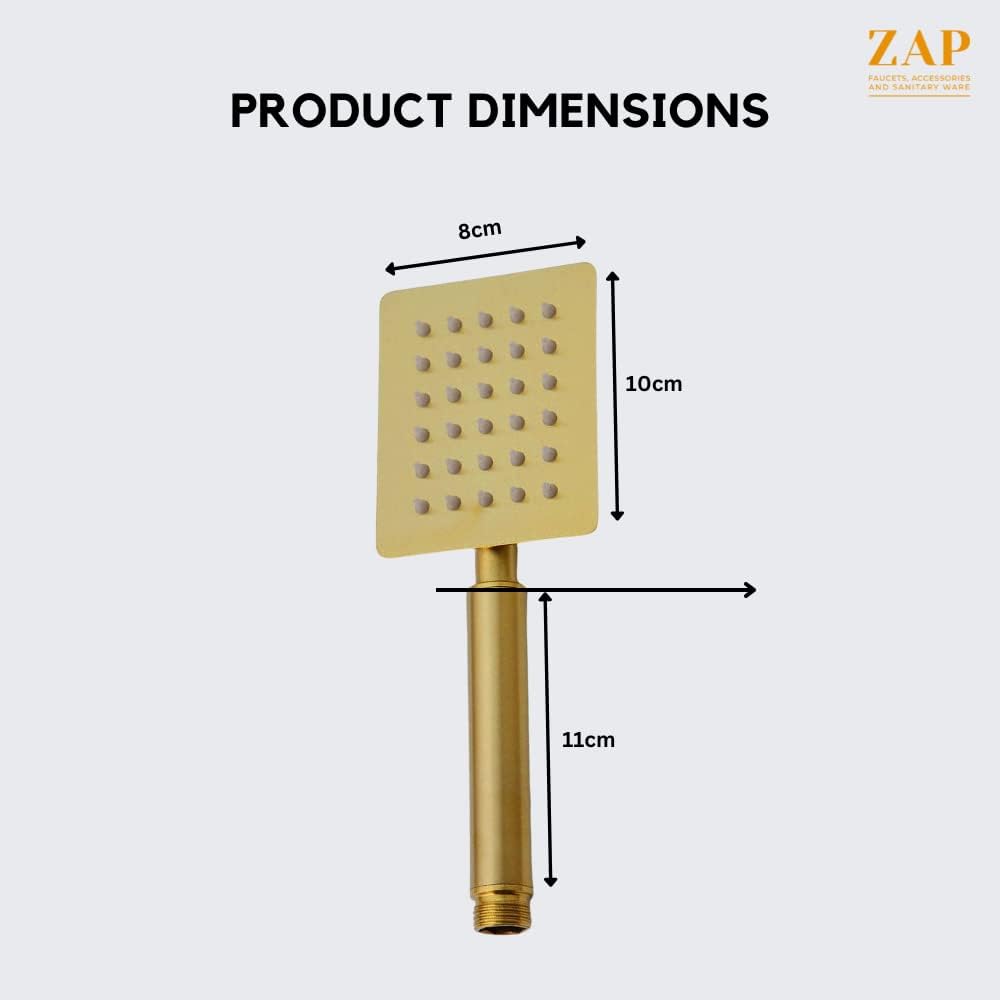 ZAP Ultra ZX2212 Square Design High Pressure Handheld Shower | Golden Stainless Steel | Chrome Finish | Rust-Resistant | Modern Square Hand Shower | Single Flow