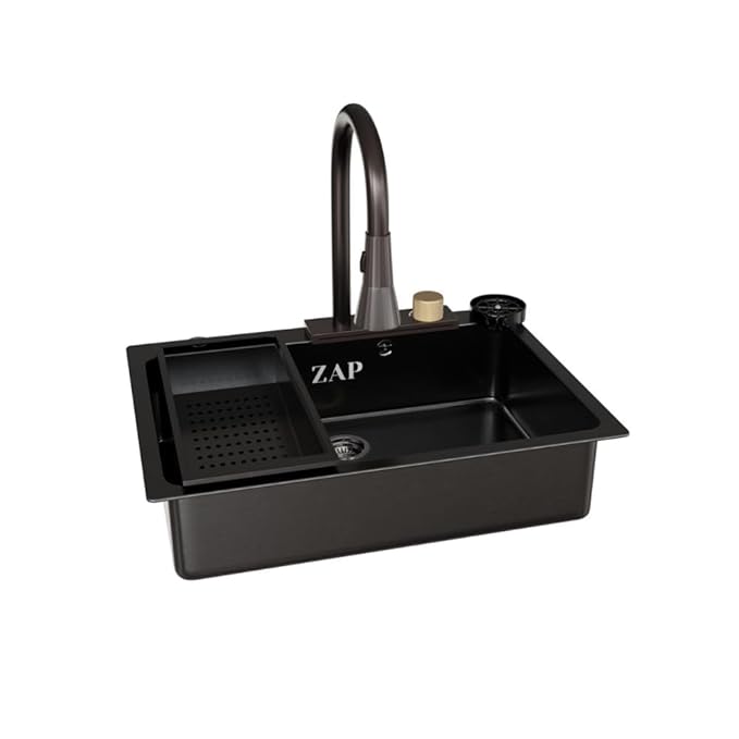 ZAP Waterfall 304 SS Kitchen Sink Set with Pull-Out Faucet, Chopping Board, Glass Rinser, Soap Dispenser & Strainer | Multi-Functional Farmhouse Sink with Accessories | Black, 24x18 Inch
