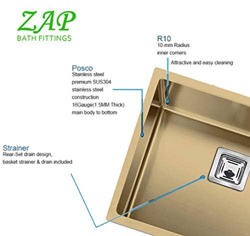 ZAP Millennium Series Champagne Gold SS-304 Grade Single Bowl Kitchen Sink 24x18x10 Inch | 2.5 mm Thick Stainless Steel | Rust Resistant, Scratch Proof, Durable Kitchen Basin for Modular Kitchen