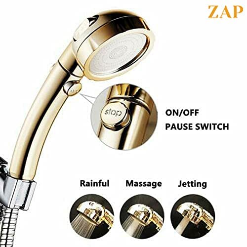 ZAP | Exotic Handheld Shower Set | High Pressure Shower Head | 3 Spray Modes | Detachable Hand Spray | ON/OFF Pause Switch | 1.5m Long Hose | Wall Mounted Shower Stand | Gold Finish