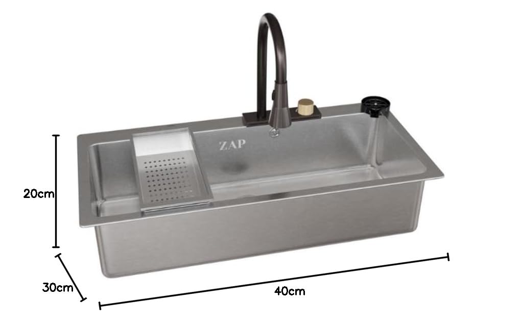 ZAP Waterfall 304 SS Kitchen Sink Set 37x18 Inch – Chrome Finish with Pull-Out Faucet, Chopping Board, Glass Rinser, Soap Dispenser & Strainer | Multi-Functional Farmhouse Sink for Modular Kitchens