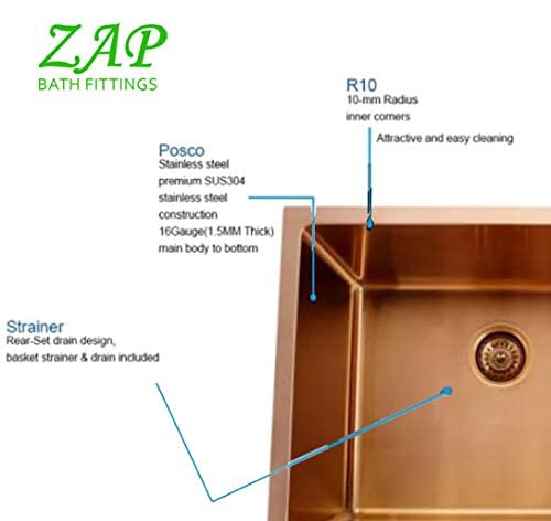 ZAP Millennium Series 24x24 Rose Gold Stainless Steel Single Bowl Kitchen Sink | Deep, Square Design with Soundproofing | Includes All-in-One Waste Kit | Modern Rose Gold Finish