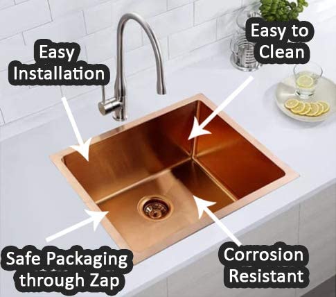 ZAP Millennium Series 24x24 Rose Gold Stainless Steel Single Bowl Kitchen Sink | Deep, Square Design with Soundproofing | Includes All-in-One Waste Kit | Modern Rose Gold Finish
