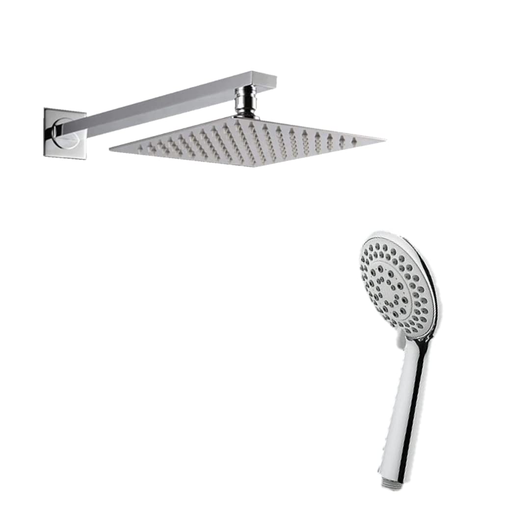 ZAP COMBO | HEXA ULTRA SQUARE 304 STAINLESS STEEL OVERHEAD SHOWER WITH ROD | SS 304 ABS SILICONE HAND SHOWER | HIGH-PRESSURE RAIN SHOWER | LEAK-PROOF | CHROME FINISH