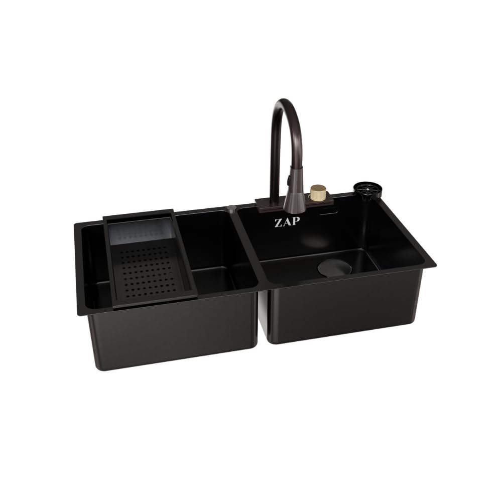 ZAP Waterfall 304 SS Kitchen Sink Set – 37x18 Inch Black Finish with Pull-Out Faucet, Chopping Board, Soap Dispenser, Glass Rinser & Strainer | Multi-functional Farmhouse Sink with Accessories