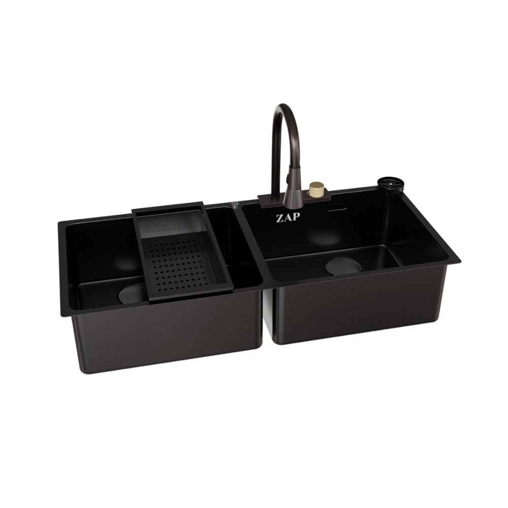 ZAP Waterfall 304 SS Kitchen Sink Set 45x20 Inch – Black Finish | Pull-Out Faucet, Chopping Board, Glass Rinser, Soap Dispenser & Strainer | Multi-Functional Farmhouse Sink with Accessories