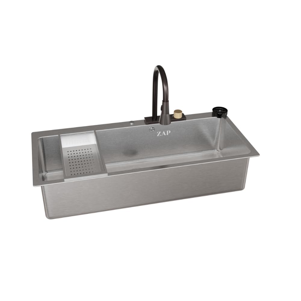 ZAP Waterfall 304 SS Kitchen Sink Set – 45x20 Inch Chrome Finish with Pull-Out Faucet, Chopping Board, Soap Dispenser, Glass Rinser & Strainer | Farmhouse Kitchen Sink with Accessories