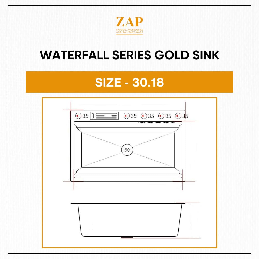 ZAP Elixir Waterfall Series Golden Kitchen Sink 30x18 Inch | Premium Stainless Steel | Durable & Stylish