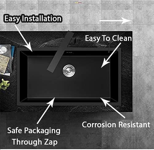 ZAP Millennium Series 304 Grade Stainless Steel Square Single Bowl Kitchen Sink | With All-in-One Waste Kit | Deep & Spacious | Soundproof Design | Heat & Stain Resistant (24x24 Black)
