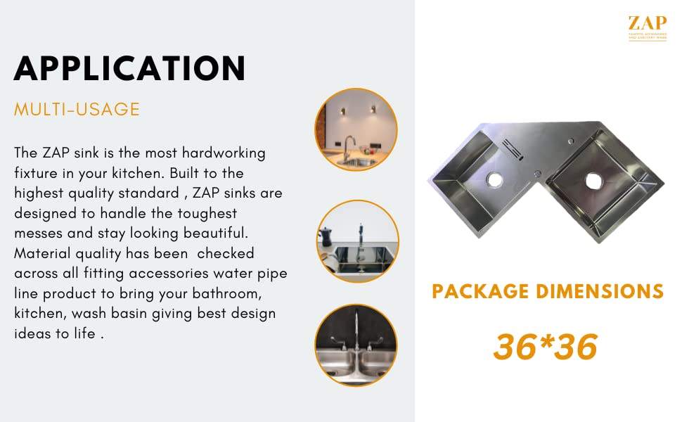 ZAP Millennium Series 36x36 Inch Kitchen Sink with Drain Board | 304 Grade Stainless Steel Single Bowl Sink | Includes Waste Kit, Pipe & Basket Drainer