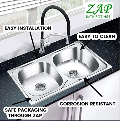 ZAP Deluxe Matte Finish SS-304 Grade Double Bowl Kitchen Sink – 36x20x10 Inch | 2.5 mm Thick Stainless Steel Sink for Modular Kitchens | Noise Reduction | Easy Drainage | Rust-Resistant