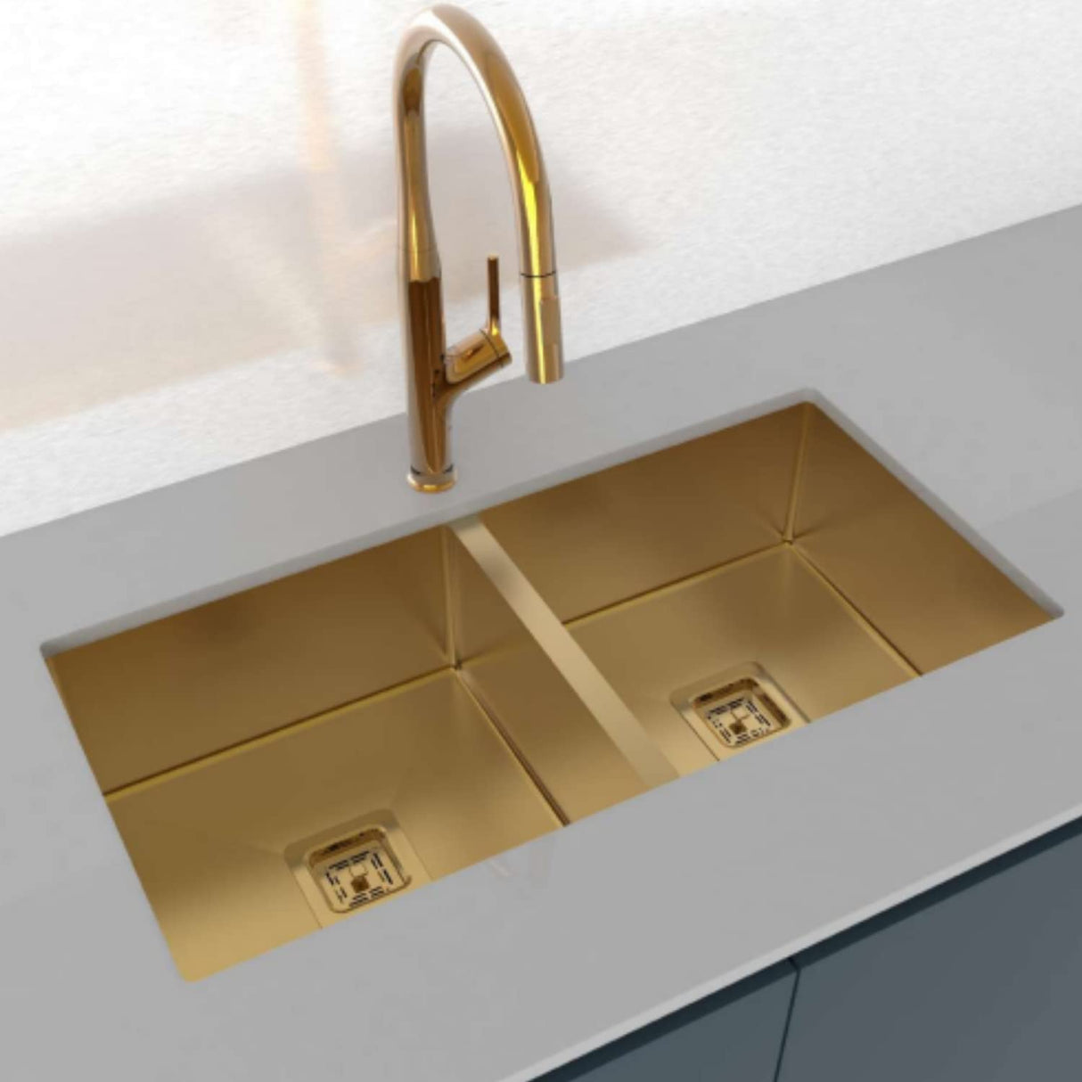 ZAP Double Bowl Stainless Steel Kitchen Sink – 45x20 cm Gold Finish | Dual Water Aerator, Fruit Basket, Drainer Basket, Waste Coupling & Pipe | Zero Radius Corners | Smooth Drainage for Modern Kitchens