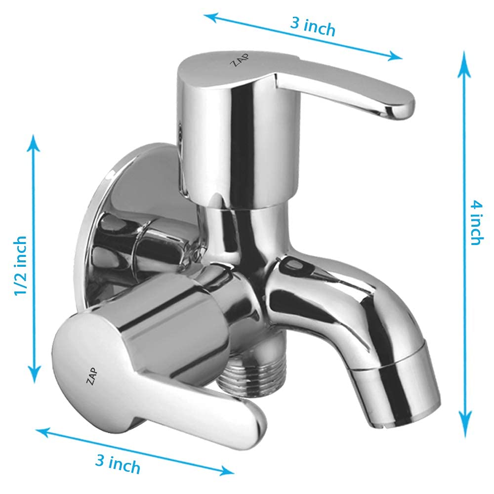 ZAP 2-in-1 Brass Bib Cock Tap (Set of 2) | Dual-Function Chrome Finish Wall Tap with Water-Saving Aerator & Foam Flow | Quarter Turn Operation | Includes Wall Flange | 15mm BSP | 7-Year Warranty | Made in India