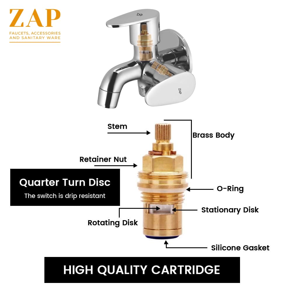 ZAP Prime 2-in-1 Brass Bib Cock Tap | Wall Mounted Chrome Finish Sink Tap with 360° Swivel Spout | Washing Machine & Kitchen/Bathroom Use | Water-Saving Aerator | 15mm BSP | Made in India