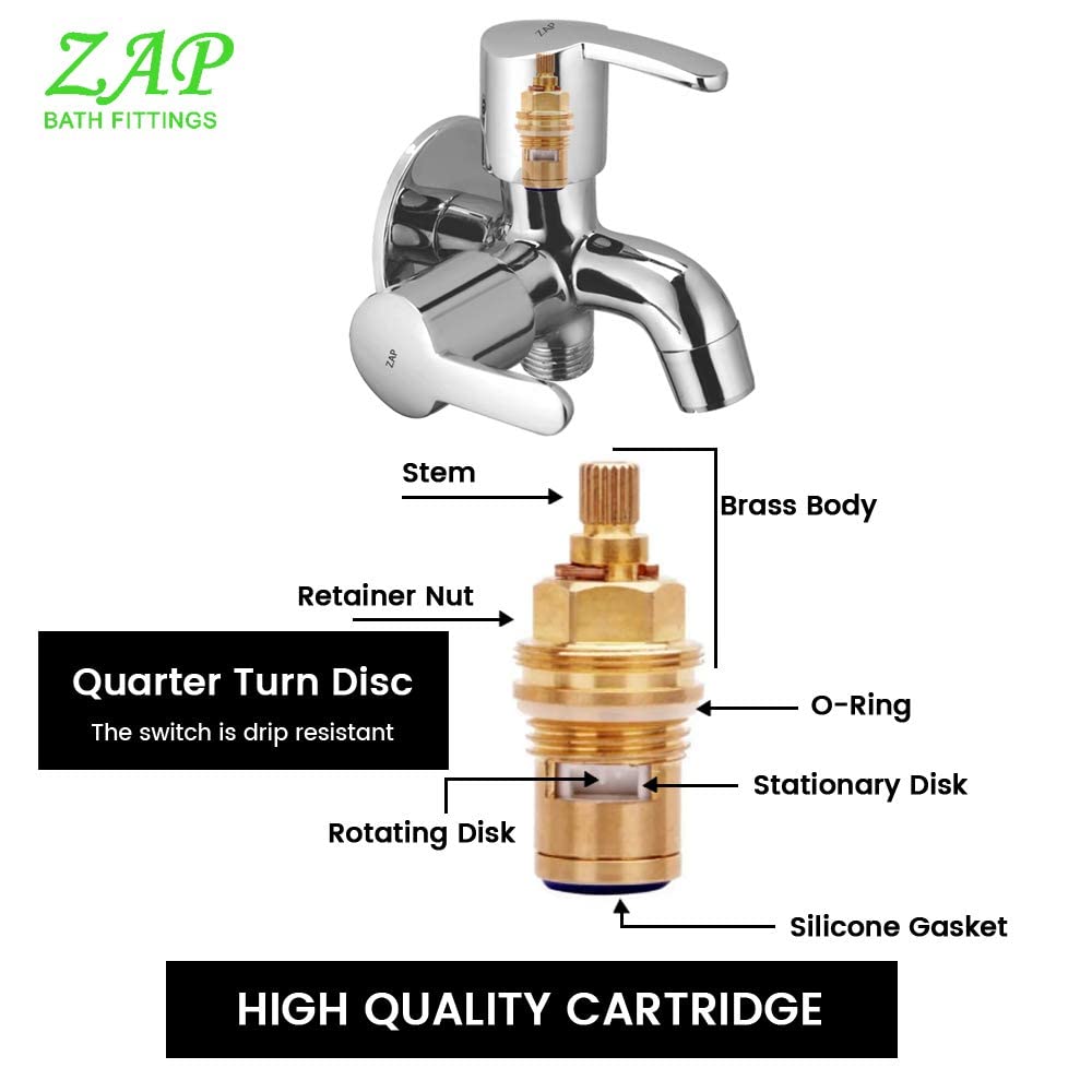 ZAP 2-in-1 Brass Bib Cock Tap (Set of 2) | Dual-Function Chrome Finish Wall Tap with Water-Saving Aerator & Foam Flow | Quarter Turn Operation | Includes Wall Flange | 15mm BSP | 7-Year Warranty | Made in India