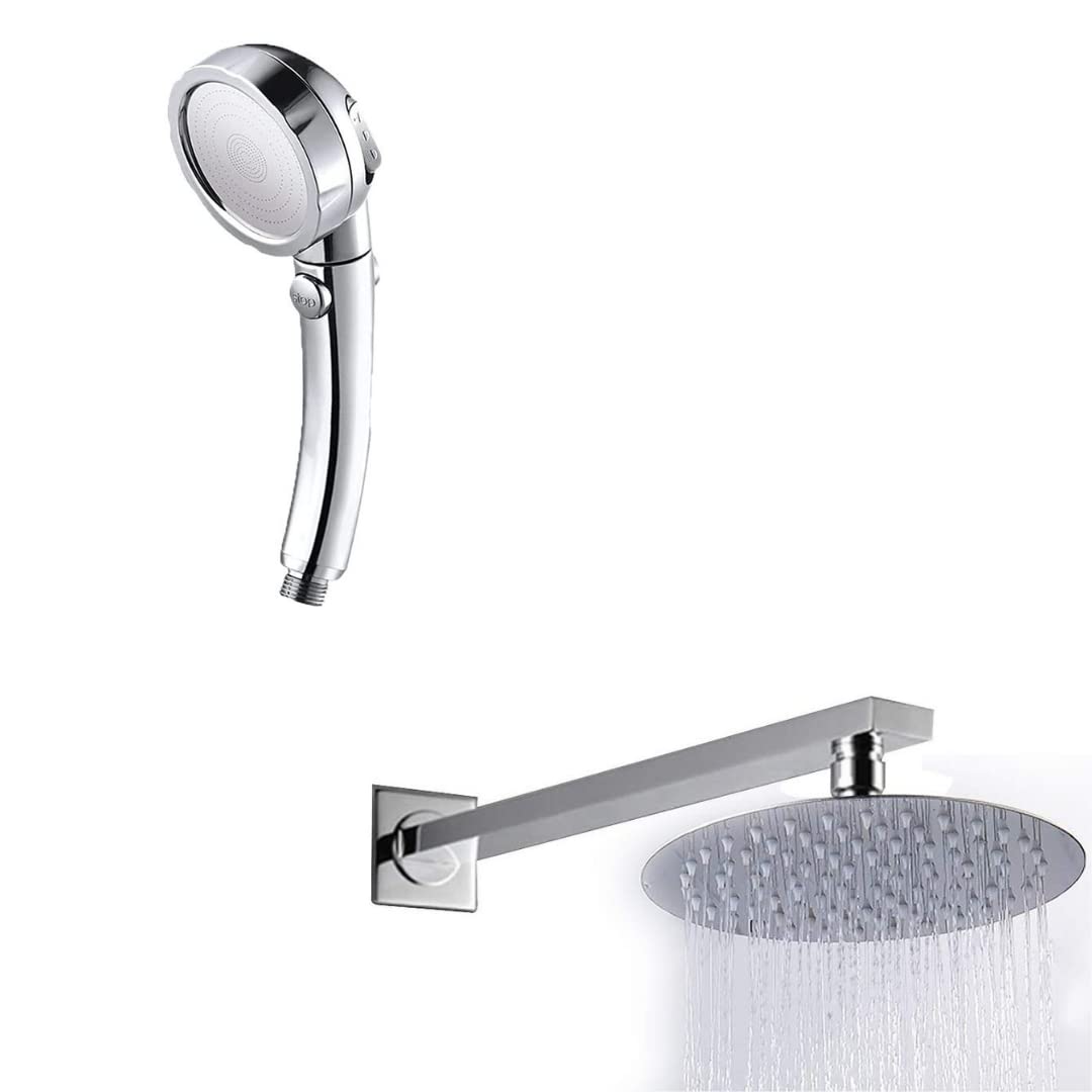 ZAP Combo Hexa| Circular Overhead Shower with Rod (304 Stainless Steel Polished) Exotic Series Handheld Shower | 3 Spray Modes + Pause Button | Flexible Hose & Wall Hook | Chrome Finish