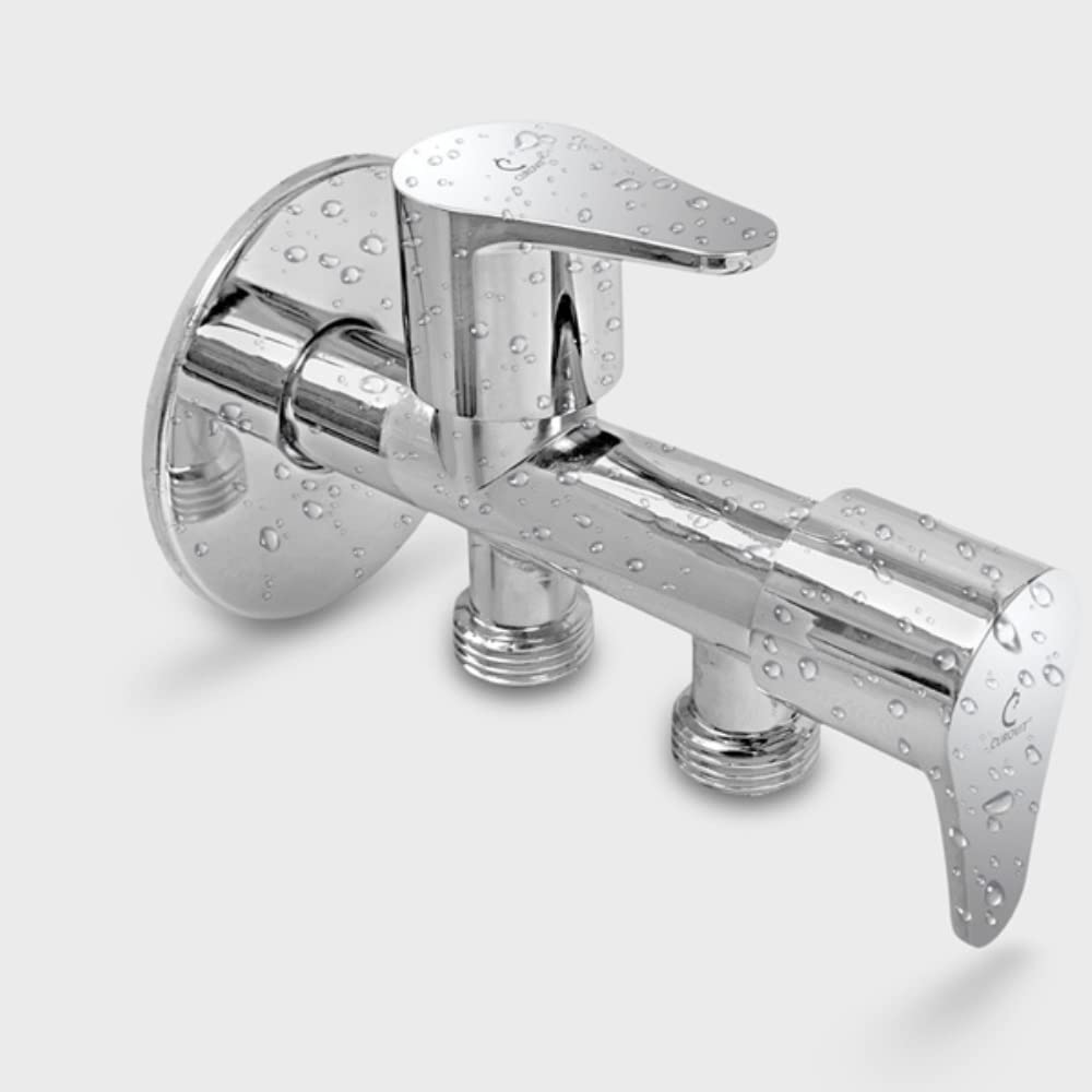 ZAP 2-in-1 Brass Angle Valve | Heavy-Duty Chrome Finish Dual Outlet Valve with Wall Flange | Quarter Turn 2-Way Tap for Bathroom, Kitchen, Geyser, Jet Spray & Basin | 15mm BSP | Made in India