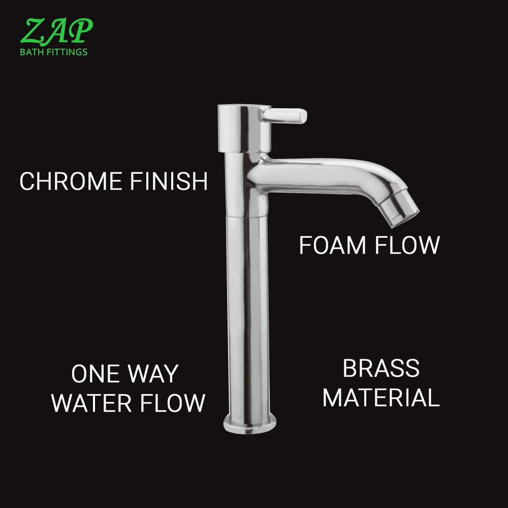 ZAP Flora Stainless Steel Tall Pillar Cock | Chrome Finish 9-Inch Faucet for Kitchen Sink, Bathroom Wash Basin, and Countertop Sinks | Hot or Cold Water Tap