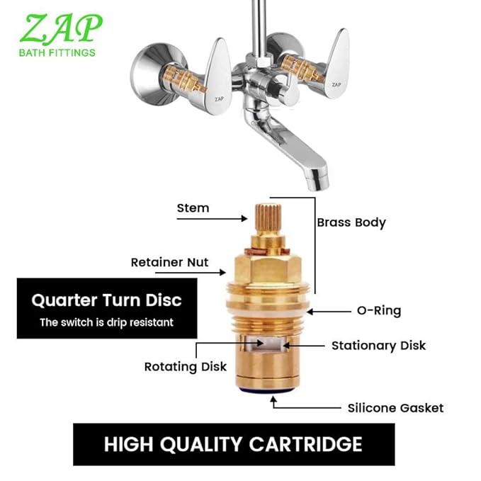 ZAP Brezza Brass Wall Mixer with 125MM Overhead Bend Pipe | Chrome Finish Bathroom Wall Mixer Tap | 2-in-1 Wall Mounted Bath Fitting | Durable Brass Construction