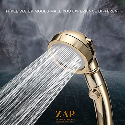 ZAP | Exotic Handheld Shower Set | High Pressure Shower Head | 3 Spray Modes | Detachable Hand Spray | ON/OFF Pause Switch | 1.5m Long Hose | Wall Mounted Shower Stand | Gold Finish