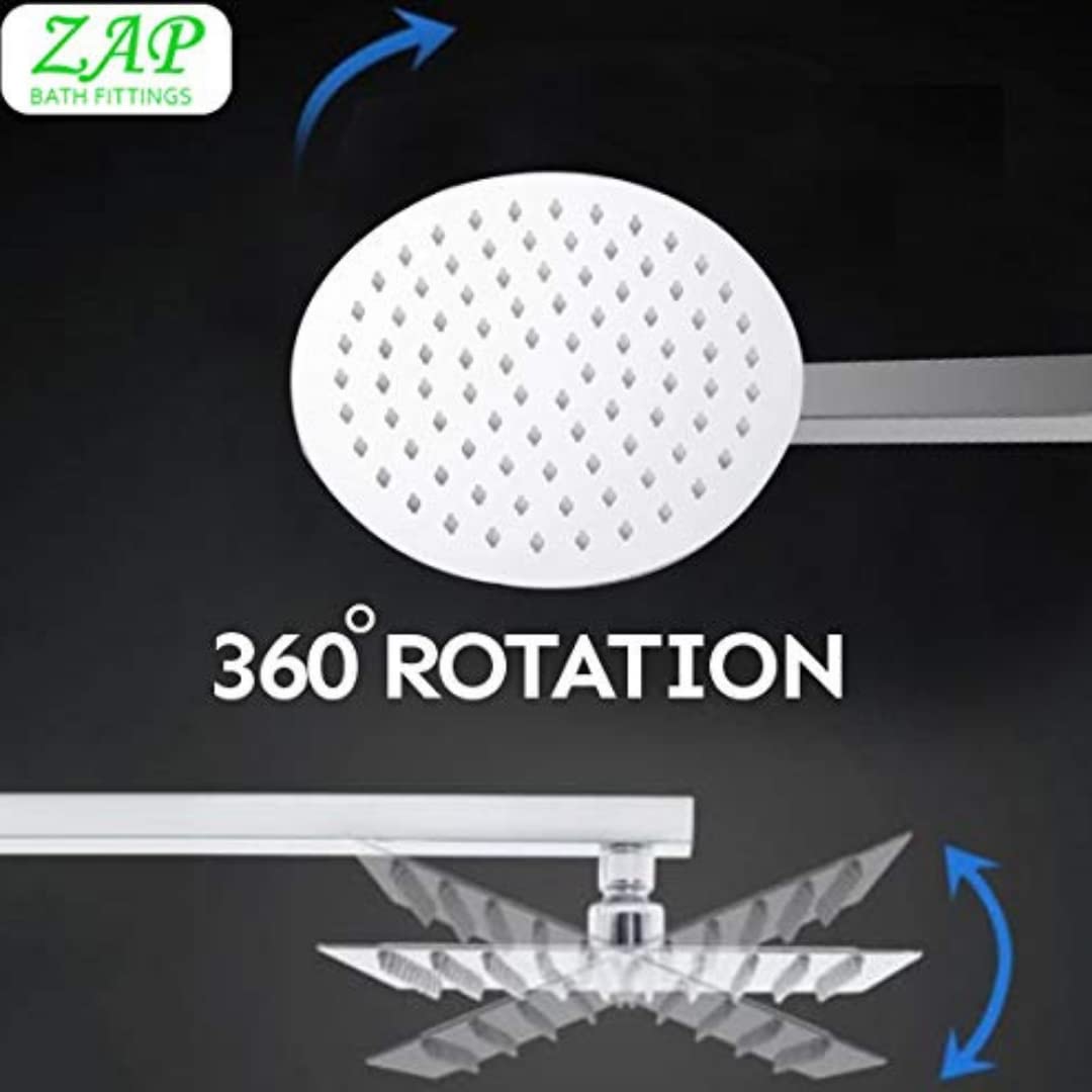 ZAP Combo Hexa| Circular Overhead Shower with Rod (304 Stainless Steel Polished) Exotic Series Handheld Shower | 3 Spray Modes + Pause Button | Flexible Hose & Wall Hook | Chrome Finish