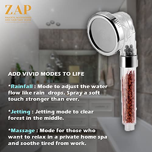 ZAP Exotic Handheld Shower set High Pressure Detachable Shower Head with Hand Spray & ON/OFF Pause Switch & 3 Spray Setting Showerhead with 1.5m Long Hose & Shower Stand wall Mounted (Filter Beads)