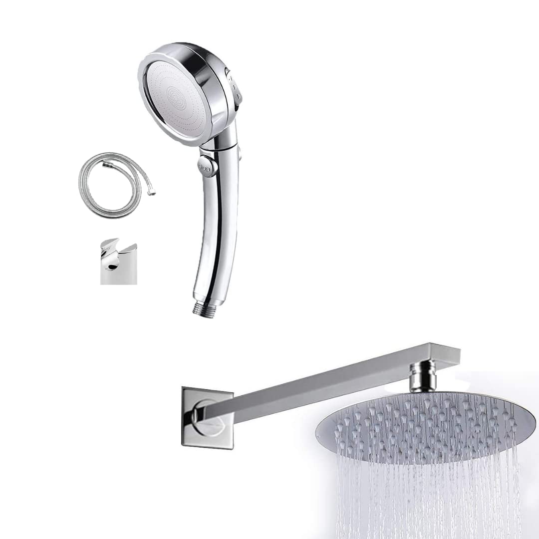 ZAP COMBO | CIRCULAR OVERHEAD SHOWER WITH ROD 304 SS POLISHED | EXOTIC SERIES HANDHELD SHOWER WITH 3 SPRAY MODES + PAUSE | HOSE PIPE & WALL HOOK | LEAK-PROOF | CHROME FINISH