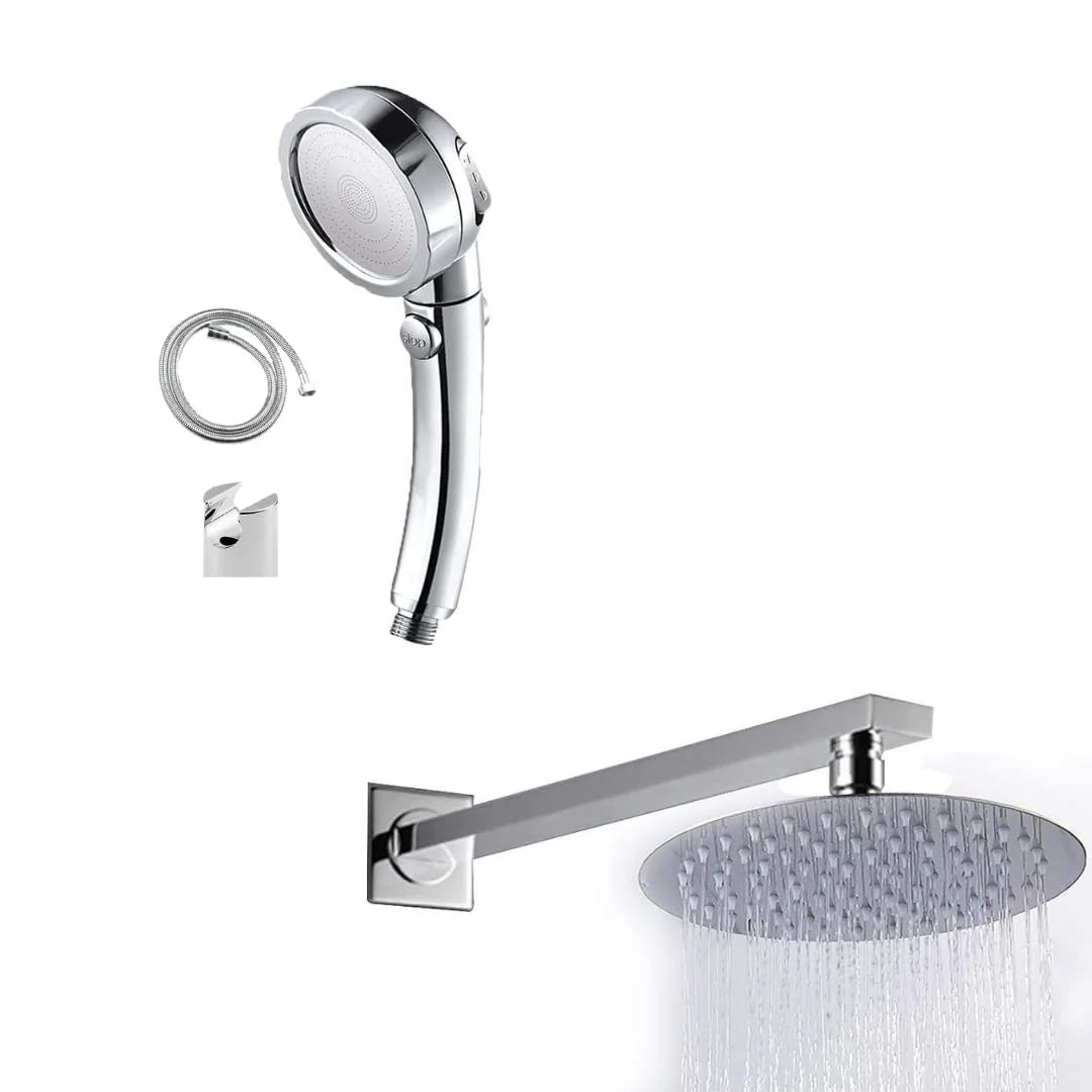 ZAP Combo Hexa| Circular Overhead Shower with Rod (304 Stainless Steel Polished) Exotic Series Handheld Shower | 3 Spray Modes + Pause Button | Flexible Hose & Wall Hook | Chrome Finish
