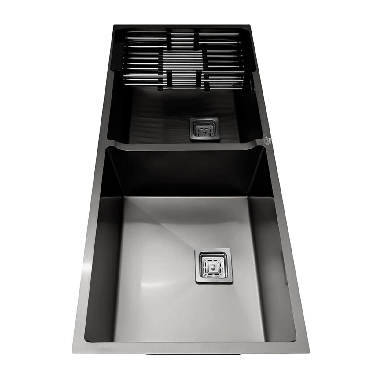 ZAP 45x20 cm Double Bowl Kitchen Sink – Black Finish Stainless Steel with Dual Water Aerator, Drainer & Fruit Basket, Waste Coupling & Pipe | Zero Radius Corners | Smooth Drainage | Noise Reduction