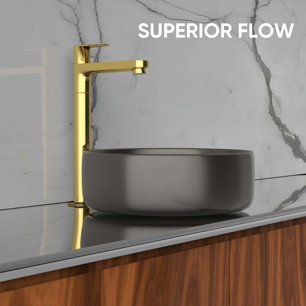 Click to see full view 2 VIDEOS 3+ ZAP Ocean Series Brass Pillar Cock Tap 11-Inch Tall | Gold Finish Bathroom Faucet | Hot and Cold Water Tap for Wash Basin, Sink, Vanity | Stylish & Durable