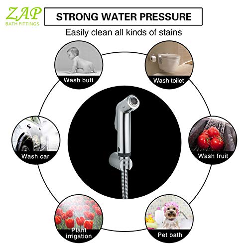 ZAP Delta Brass Health Faucet | Handheld Toilet Spray Gun | Chrome Finish | 1.25m Stainless Steel Hose | Wall Hook & Clutch Set | Bidet Sprayer for Bathroom Use