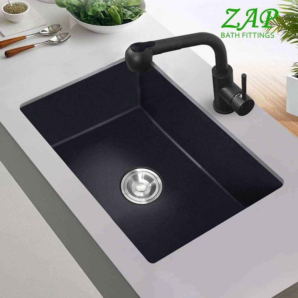 ZAP Millennium Series 304 Grade Stainless Steel Square Single Bowl Kitchen Sink | With All-in-One Waste Kit | Deep & Spacious | Soundproof Design | Heat & Stain Resistant (24x24 Black)