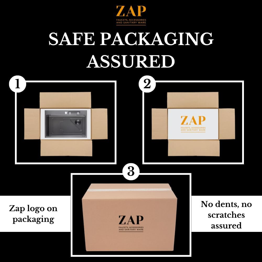 ZAP Waterfall 304 Grade Stainless Steel Kitchen Sink Set 24x18 Inch | Chrome Finish | Pull-Out Faucet, Chopping Board, Glass Rinser, Soap Dispenser & Strainer | Multi-Functional Farmhouse Sink for Modular Kitchens