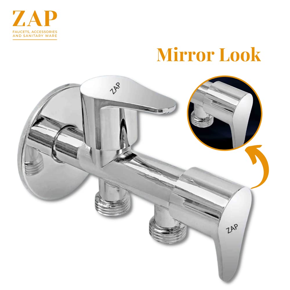 ZAP 2-in-1 Brass Angle Valve | Heavy-Duty Chrome Finish Dual Outlet Valve with Wall Flange | Quarter Turn 2-Way Tap for Bathroom, Kitchen, Geyser, Jet Spray & Basin | 15mm BSP | Made in India