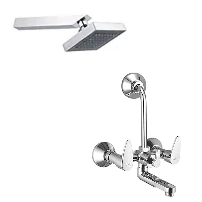 ZAP Brezza Brass Wall Mixer with 125MM Overhead Bend Pipe | Chrome Finish Bathroom Wall Mixer Tap | 2-in-1 Wall Mounted Bath Fitting | Durable Brass Construction