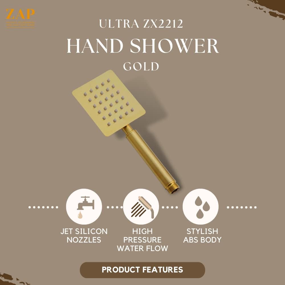 ZAP Ultra ZX2212 Square Design High Pressure Handheld Shower | Golden Stainless Steel | Chrome Finish | Rust-Resistant | Modern Square Hand Shower | Single Flow