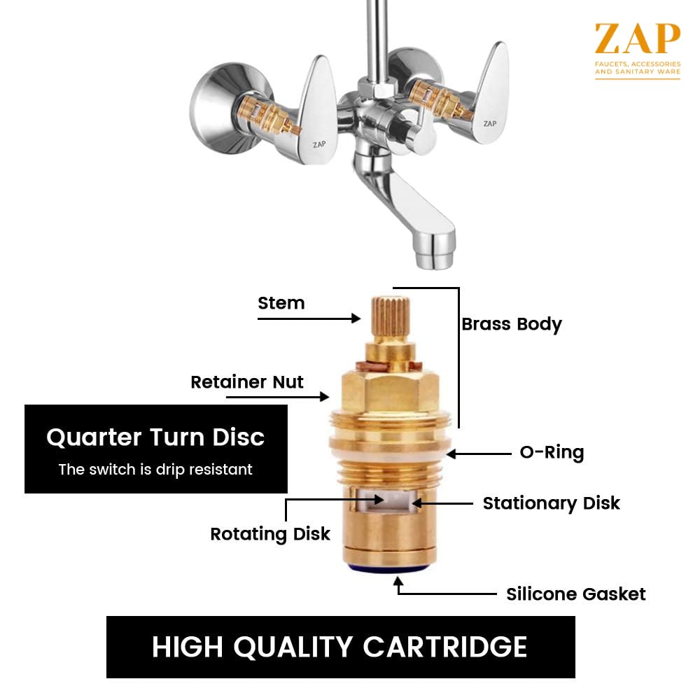 ZAP Brezza Brass Wall Mixer with 125MM Overhead Bend Pipe | Chrome Finish Bathroom Wall Mixer Tap | 2-in-1 Wall Mounted Bath Fitting | Durable Brass Construction