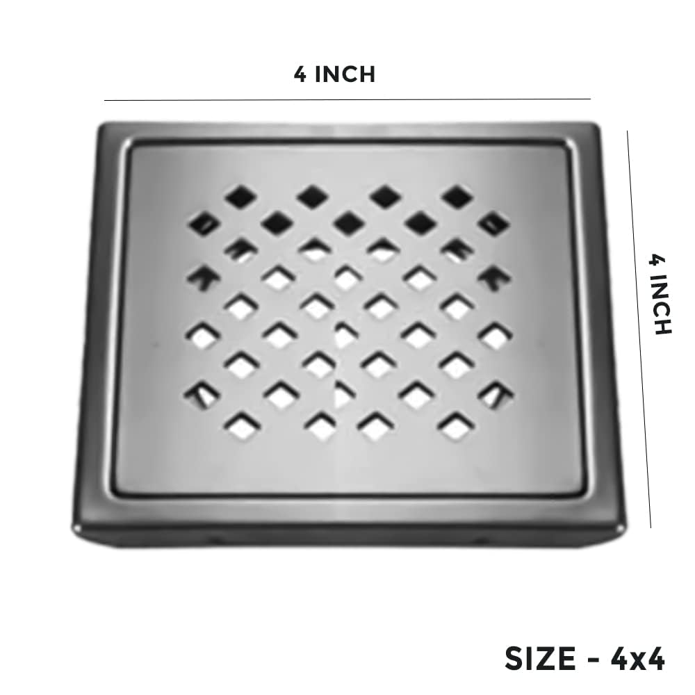 ZAP GT-201 4x4 Inch Stainless Steel Floor Drain Grating | Compact Bathroom Water Outlet Jali | Rust-Resistant Drain Cover for Bathroom, Balcony & Kitchen