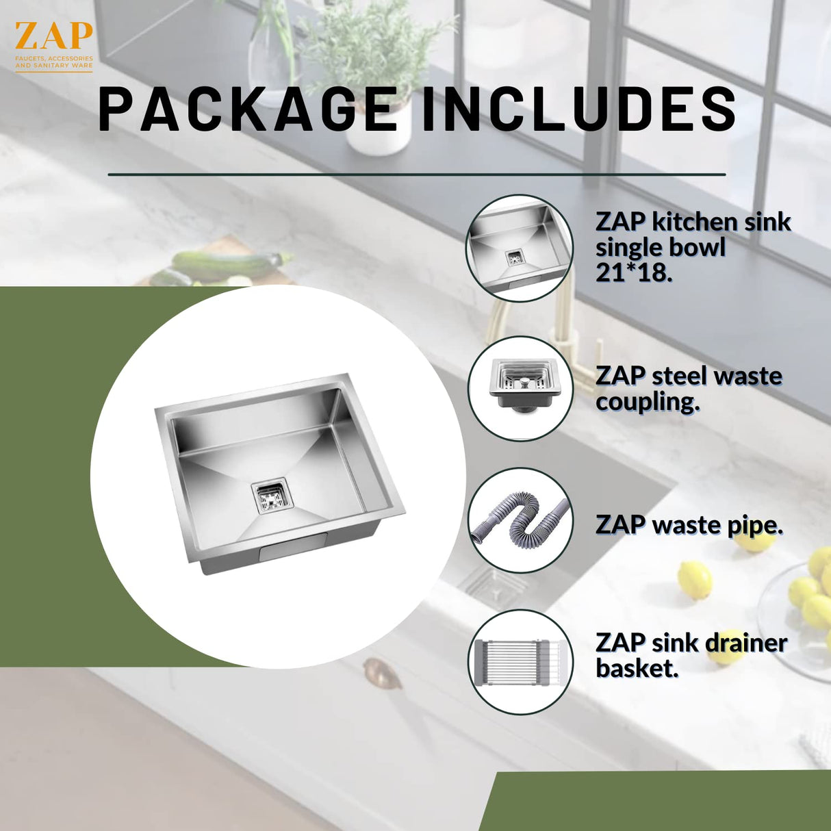 ZAP Kitchen Sink Single Bowl 21x18x10 Inch | Matte Finish SS-304 Stainless Steel | Includes Waste Coupling, Waste Pipe & Drainer Basket | Spacious, Durable & Stain Resistant Modern Sink
