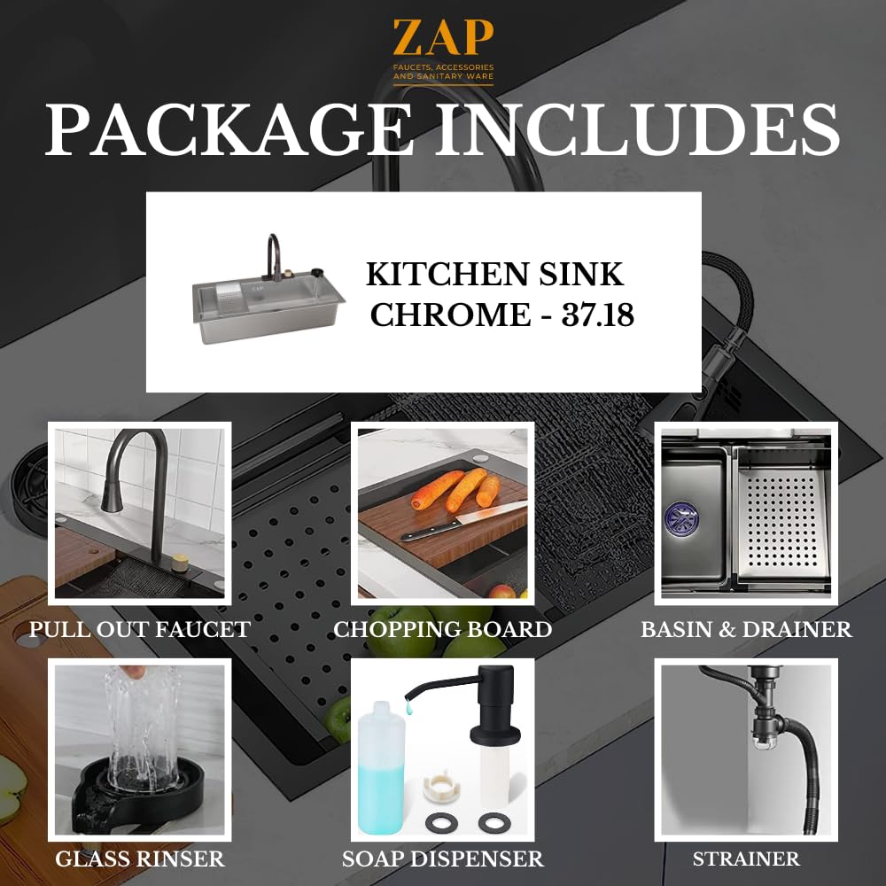 ZAP Waterfall 304 SS Kitchen Sink Set 37x18 Inch – Chrome Finish with Pull-Out Faucet, Chopping Board, Glass Rinser, Soap Dispenser & Strainer | Multi-Functional Farmhouse Sink for Modular Kitchens