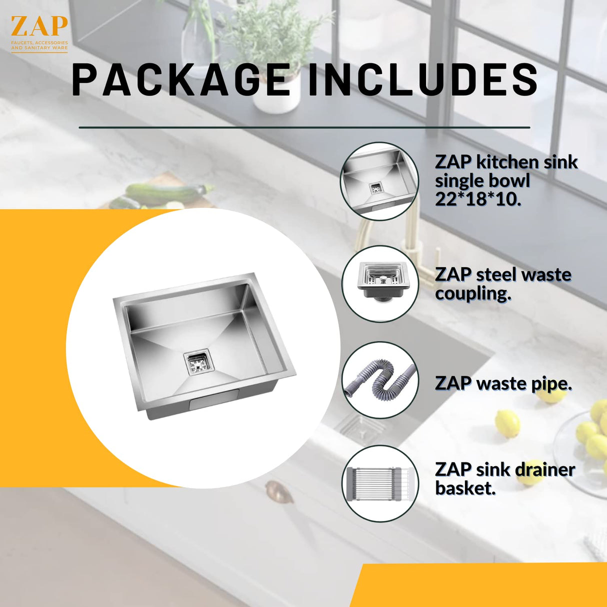 ZAP Kitchen Sink Single Bowl 22x18x10 Inch | Matte Finish Thick SS-304 Stainless Steel | Includes Waste Coupling, Waste Pipe & Drainer Basket | Durable, Stain Resistant, Modern Design