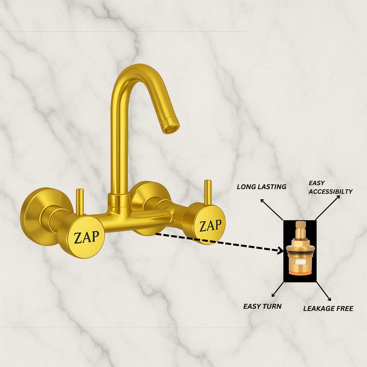 Elixir Sink Mixer Hot & Cold Gold PVD Finish Wall Mount Tap