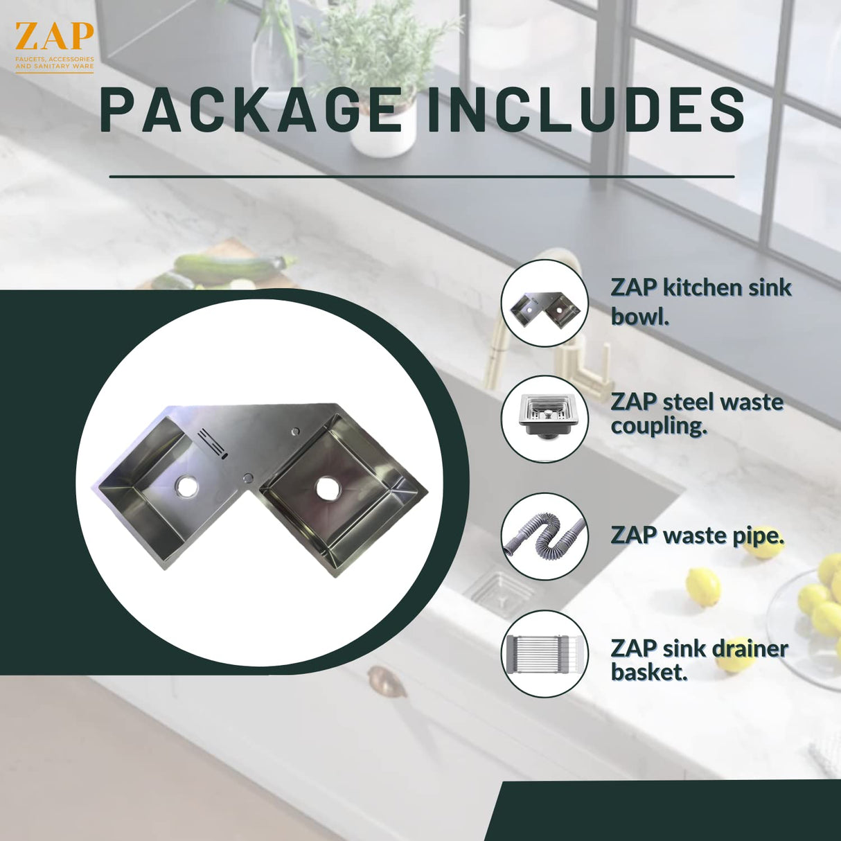ZAP Millennium Series 36x36 Inch Kitchen Sink with Drain Board | 304 Grade Stainless Steel Single Bowl Sink | Includes Waste Kit, Pipe & Basket Drainer