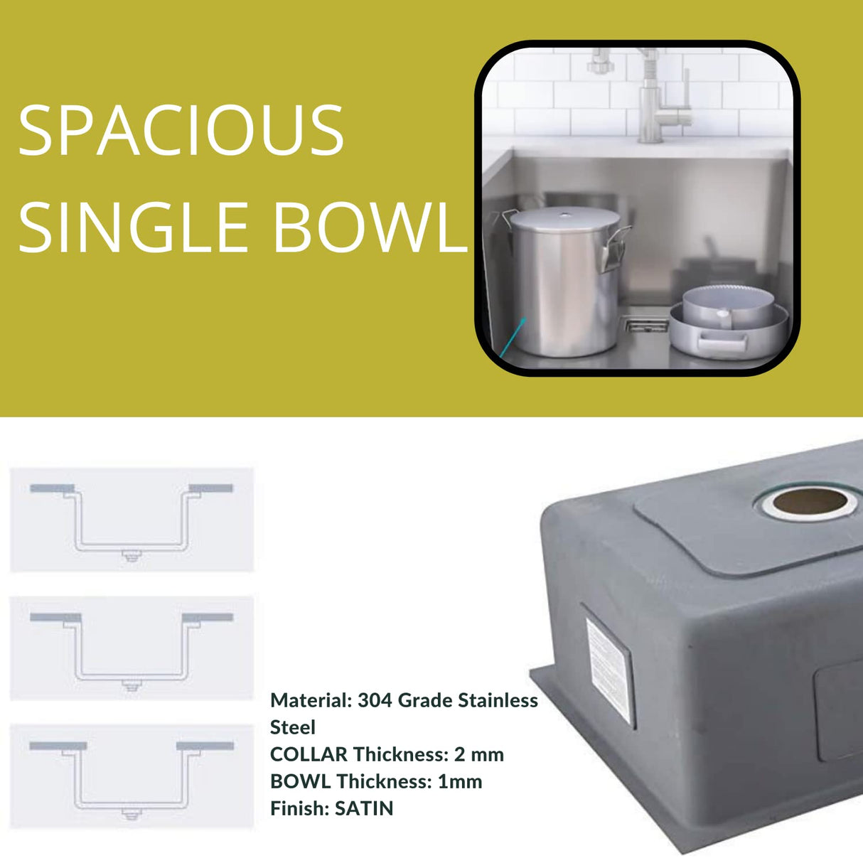 ZAP Kitchen Sink Spacious Single Bowl 18x16x10 Inch | Matte Finish Thick Stainless Steel | Includes Steel Waste Coupling, Waste Pipe & Sink Drainer Basket | Durable & Stain Resistant