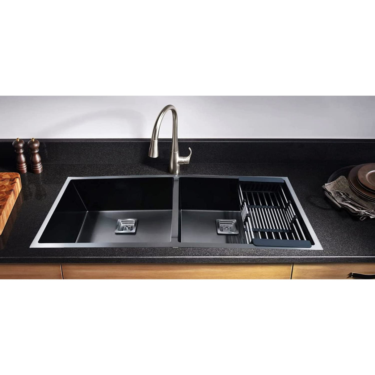 ZAP Black Stainless Steel Kitchen Sink | 37x18 cm Single Bowl Sink with Drainage Kit | Dual Water Aerator, Waste Pipe, Drainer Basket & Coupling | Noise Reduction Pads | Ideal for Modular Kitchens