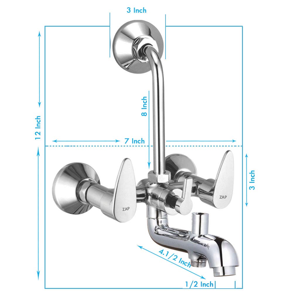 ZAP Brezza Series Brass Bathroom Tap Combo | 3-in-1 Wall Mixer, 6 Angle Cocks, 2 Long Body Taps, 1 Pillar Cock | 100% Brass | Chrome Finish | Complete Bathroom Fittings Set | Made in India