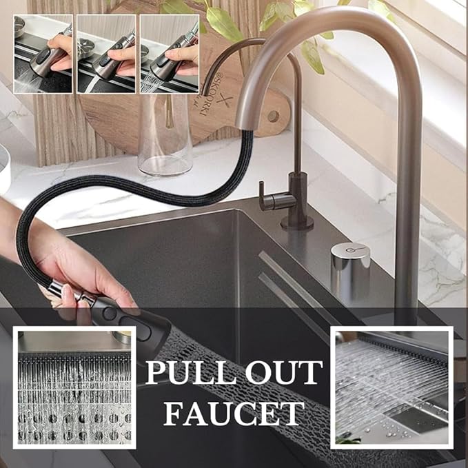 ZAP Waterfall 304 SS Kitchen Sink Set with Pull-Out Faucet, Chopping Board, Glass Rinser, Soap Dispenser & Strainer | Multi-Functional Farmhouse Sink with Accessories | Black, 24x18 Inch