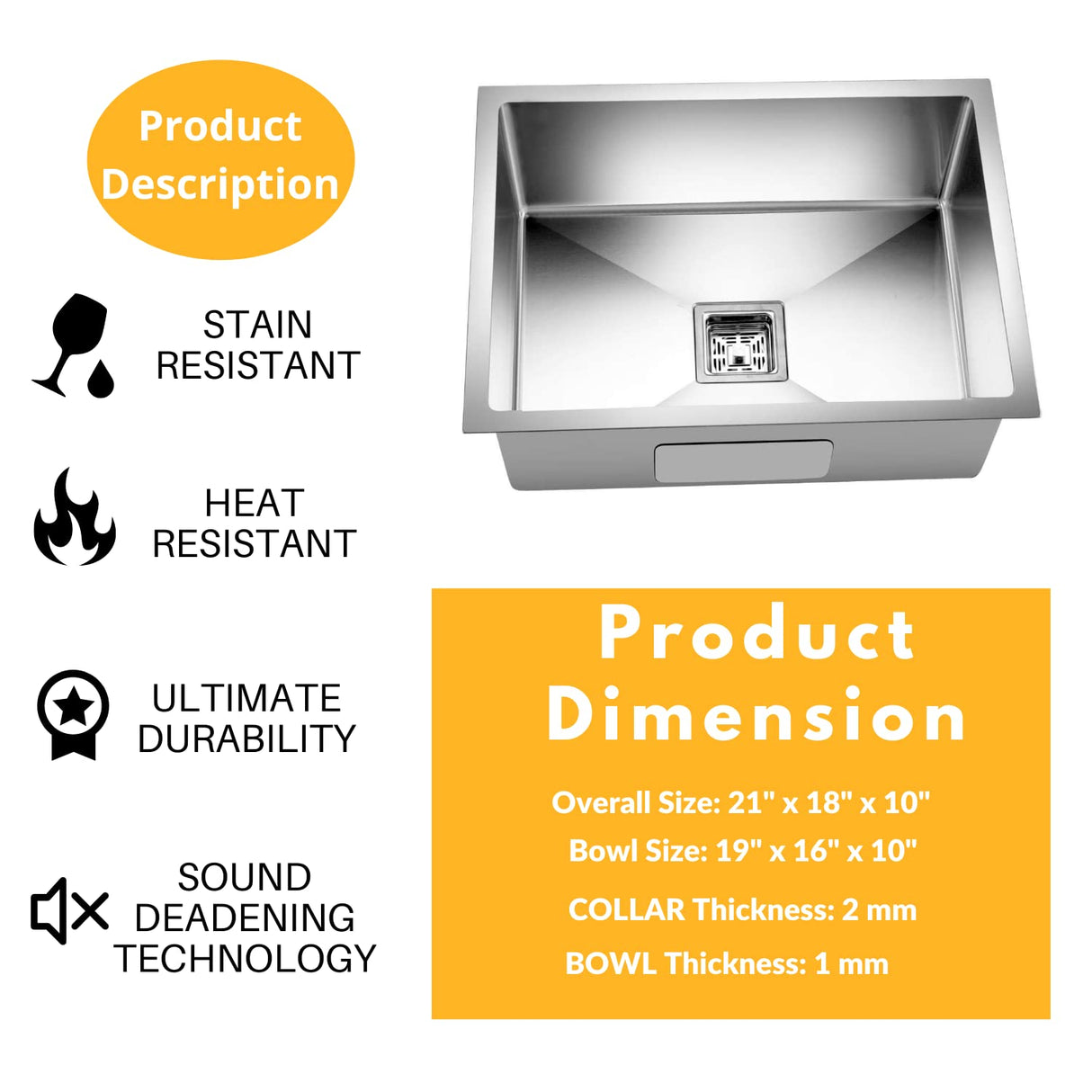 ZAP Kitchen Sink Single Bowl 22x18x10 Inch | Matte Finish Thick SS-304 Stainless Steel | Includes Waste Coupling, Waste Pipe & Drainer Basket | Durable, Stain Resistant, Modern Design