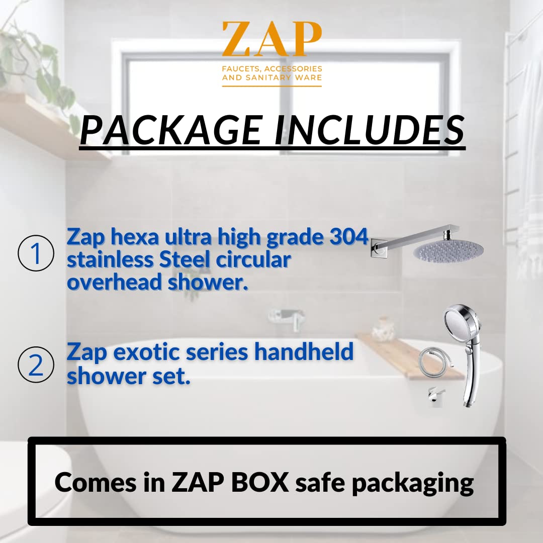 ZAP COMBO | CIRCULAR OVERHEAD SHOWER WITH ROD 304 SS POLISHED | EXOTIC SERIES HANDHELD SHOWER WITH 3 SPRAY MODES + PAUSE | HOSE PIPE & WALL HOOK | LEAK-PROOF | CHROME FINISH